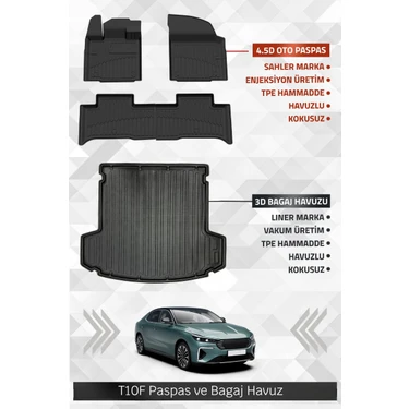 Sahler Togg T10F 2025+ Uyumlu 4.5d Premium Havuzlu Oto Paspas ve Liner Marka 3D Bagaj