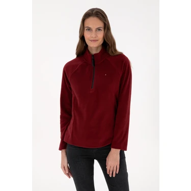 U.S. Polo Assn. Kadın Bordo Fermuarlı Dik Yaka Polar Sweatshirt