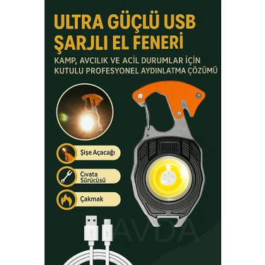 Yeni Nesil Kamp Feneri Çok Fonksiyonlu Fener Anahtarlık USB Çakmaklı Cam Kırıcı Kemer Kesici