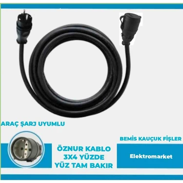 Bemis Kauçuk Fişli Araç Şarjı Uyumlu 10-50 Metre Arası (3x4 Ttr Öznur Kablolu Tam Bakır) Uzatma