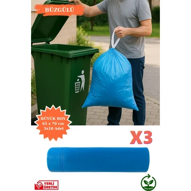 Premium Büzgülü Büyük Boy Çöp Poşeti 65X70 cm 3X10 Adet Ev Mutfak Iş Ofis Avantajlı Ekonomik