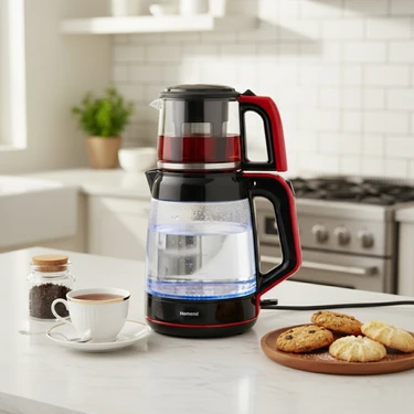 Homend Infinity XL 1764H 2,2 L Cam Çay Makinesi Siyah Kırmızı Hızlı Demleme