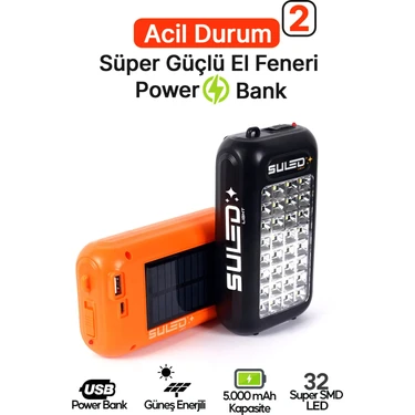 Suled Güneş Panelli Handy Power Bank Fener Işıldak 32 Süper Smd Ledli El Feneri Ev Kamp Outdoor