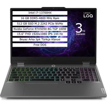 Lenovo Loq 15IRX10 Intel Core I7-13700HX 16GB 512GB SSD 8gb RTX5050 Freedos 15.6" Fhd Taşınabilir