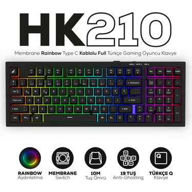 Hawk Gaming Chair  Hawk Gaming HK210 Membrane Rainbow Type C Kablolu Siyah Full Türkçe Gaming