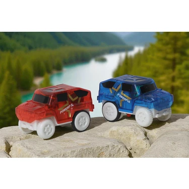 Elifeshop Magic Tracks Uyumlu 2’li LED Işıklı Oyuncak Jeep Arabası Seti – Karanlıkta Parlayan Ray