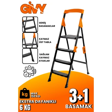 Givy Primo 3+1 Basamaklı Katlanır Merdiven | Ev Tipi Kaymaz Plastik Geniş Basamaklı 3+1