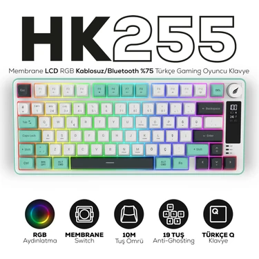Hawk Gaming Chair HK255 Membrane LCD Rgb Kablosuz/Bluetooth Gri Yeşil %75 Türkçe Gaming