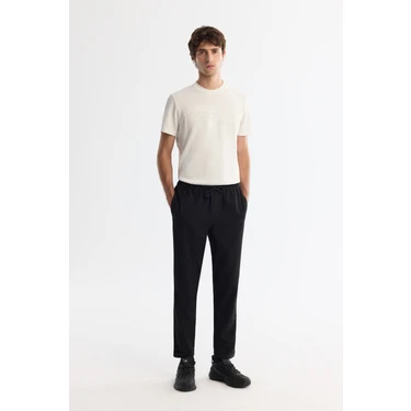 AVVA Erkek Siyah Beli Lastikli Bağcıklı Duble Paça Jogger Relaxed Fit Pantolon