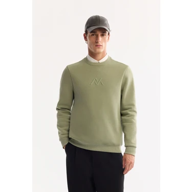 AVVA Erkek Yeşil Bisiklet Yaka Pamuklu Şardonlu Baskılı Regular Fit Sweatshirt