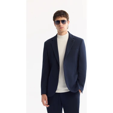 AVVA Erkek Lacivert Mono Yaka Bi-Stretch Hafif Dokulu Blazer Comfort Slim Fit Ceket