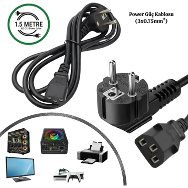 Vorex 1.75 Metre Standart Power Kablosu PC Bilgisayar Monitör Yazıcı Güç Kablosu 3 Pin IEC C13 Kasa