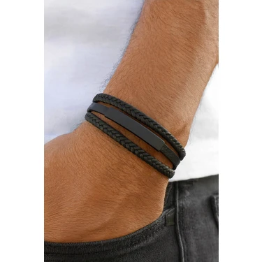 Trend Collection Deri Bileklik Hasır Örgü 3'lü Sıra Siyah Erkek Deri
