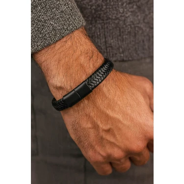 Trend Collection Erkek Hakiki Deri Bileklik Siyah Renk Örgü