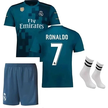 BySportakus 2018 Turkuaz-Mavi Cristiano Ronaldo Çocuk Forması Şort Çorap Bileklik 4'lü