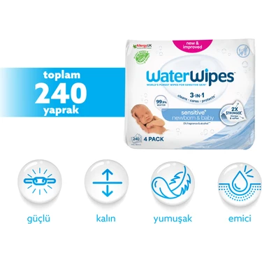 Waterwipes BIO 240 Yaprak Islak Mendil 4x60 Yenidoğan İçin Dermatolojik Olarak Test