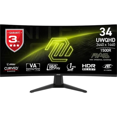 MSI Msı 34 Mag 346CQ 3440X1440 (Uwqhd) 21:9 Curve 1500R Va 180HZ 1ms (Mprt) Freesync Premıum Gamıng