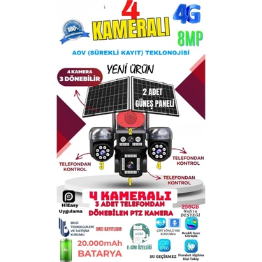 Avenir AV-S446 4 Kameralı (3 Motorlu+ 1 Sabit) 8mp E Sim 4g Sim Kartlı Ptz Kamera | Gece Renkli