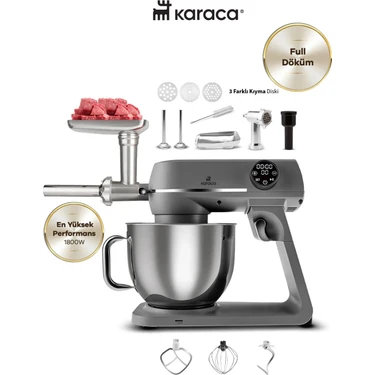Karaca 1800W Yüksek Güç Ile Kıyma Çek Çırp, Karıştır ve Hamur Yoğur Döküm Gövdeli Mutfak Şefi &
