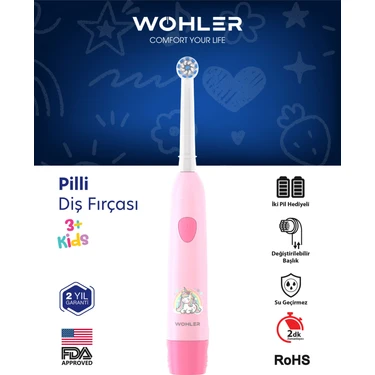 Wohler Değiştirilebilir Başlıklı Pilli Kız Çocuk Diş Fırçası 3+ , Fda