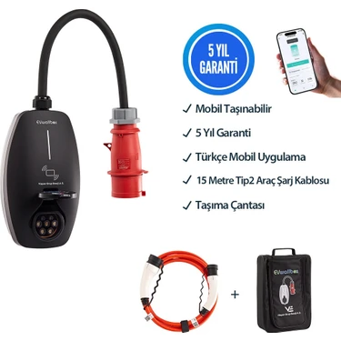 Evwallbox 22KW V3 Türkçe Mobil Uygulama 5 Yıl Garanti, (15 Metre Tip 2 Kablo, Taşıma Çantası ve