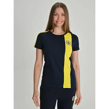 Fenerium Kadın Tribün Basic Tişört Sarı ve Lacivert Renkli Modern