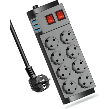 Matechno Termal Korumalı 8’li Çoklu Priz – 2m Uzatma Kablosu + 3 USB Çıkışlı Grup Priz Uzatma