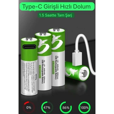 Azurtech İnce Pil Kalem Pil USB Type-C Kablo ile Şarj Edilebilir Lityum 2'li Ince Kalem Pil 1.5V