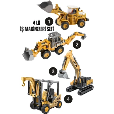Giffy Oyuncak Kutulu Metal Başlıklı Iş Makinaları Seti Kepçe Bulldozer Forklift 4 Ü 1 Arada Set