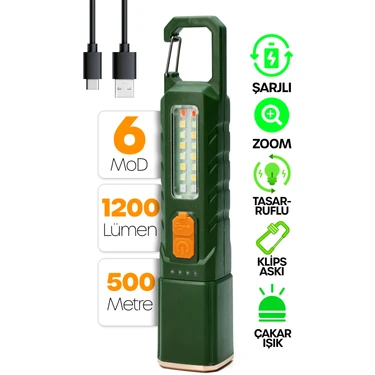 Telvesse Şarjlı El Feneri 6 Mod Karabina Askılı Çakarlı Cob LED Kamp Lambası Acil Durum Işığı Yeşil