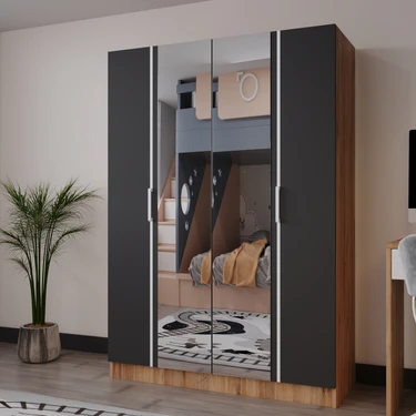 Azzuri Furniture Piyano 4 Kapaklı Dolap Genç Odası-Çocuk Odası Gardırop Antrasit Meşe