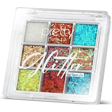 Pretty Beauty 9lu Çok Renkli Jel Formüllü Glitter Göz, Yüz ve Vücut Far Paleti Yüksek