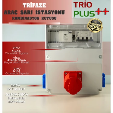 ERC Trio Plus Elektrikli Araç Trıfaze Istasyon Panosu Kaçak Akım Röleli 22 Kw, 11 Kw. Tüm