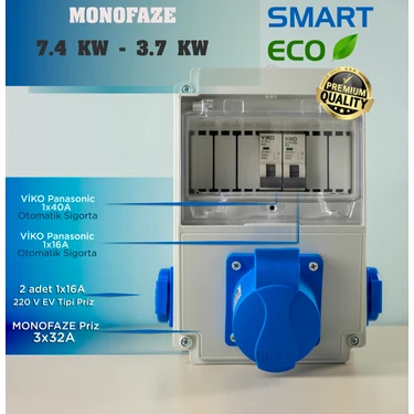 Smart Eco Elektrikli Araç Monofaze Şarj Istasyonu Besleme Panosu. 7,4 Kw. Tesla Blue Adaptör
