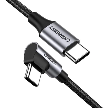 UGREEN USB-C 60W 3A QC PD 90 Derece Örgülü Hızlı Şarj Kalosu, 1 Metre, Siyah,