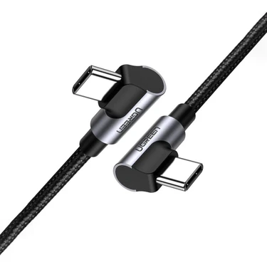 UGREEN USB-C 60W 3A QC PD Çift Tarafı 90 Derece Örgülü Hızlı Şarj Kalosu, 1 m, Siyah,