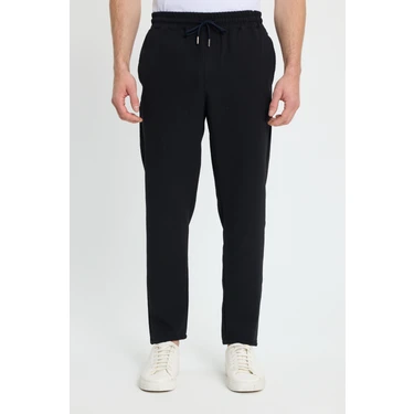 Tudors Erkek Regular Fit Beli Lastikli Bağcıklı Jogger Siyah Pantolon Rahat Kesim Yan
