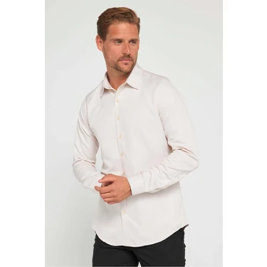 Tudors Slim Fit Uzun Kollu Kolay Ütü Teri Emen Nefes Alan Doku Kravatlık Dört Mevsim Taş Renk Erkek