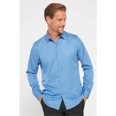 Tudors Slim Fit Uzun Kollu Kolay Ütü Teri Emen Nefes Alan Doku Kravatlık Dört Mevsim İndigo Erkek
