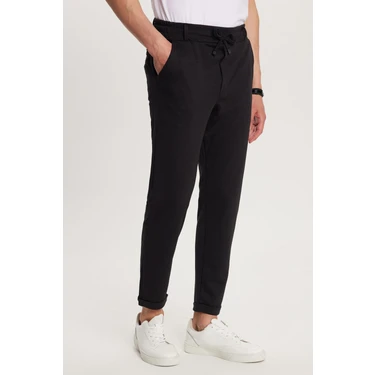 Tudors Erkek Slim Fit Pamuklu Beli Bağlamalı Yan Cepli Katlamalı Paça Jogger Siyah