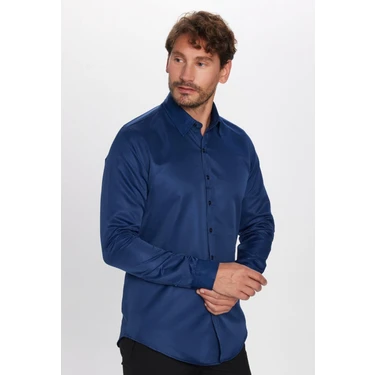 Slim Fit Uzun Kollu Kolay Ütü Teri Emen Nefes Alan Doku Kravatlık Dört Mevsim Lacivert Erkek