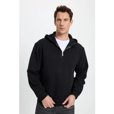 Tudors Unisex Relax Fit Rahat Kesim Pamuklu İçi Polarlı Yarım Fermuarlı Siyah Kapüşonlu