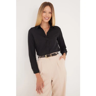Tudors Kadın Slim Fit Dar Kesim Uzun Kollu Pamuklu Vücuda Oturan Dokulu Siyah Basic