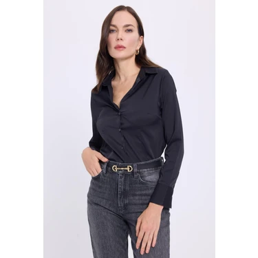 Tudors Kadın Slim Fit Dar Kesim Klasik Yaka Uzun Kollu Siyah