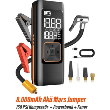 Exenar Akü Takviye Jump Starter 8000MAH Araç Marş Basma Cihazı Takviye Kompresör Lastik Şişirme