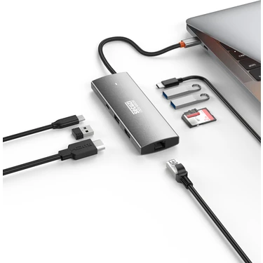 Secuzi 9in1 Silver Type-C Docking Station-Hub / Macbook Uyumlu / SD-Micro SD / 2x USB 3.0 / 1x USB