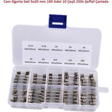 Hatfon Cam Sigorta Seti 5X20 mm 100 Adet 10 Çeşit 250V Şeffaf