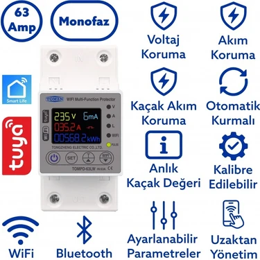 Tomzn Wifi Kaçak Akım Koruma Rölesi 63A Akım ve Yüksek Voltaj Koruyucu Röle  Tuya Wifi Uyumlu