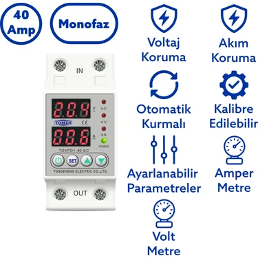 Tomzn Voltaj ve Akım Koruma Rölesi Yüksek Alçak Gerilim Koruyucu Monofaz 40A Elektrik