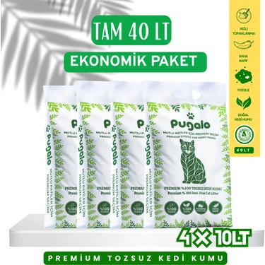 Pugalo Ekonomik Paket 4X10LT Tozsuz Naturel Premium Koku Hapseden Topaklanan Kedi Kumu